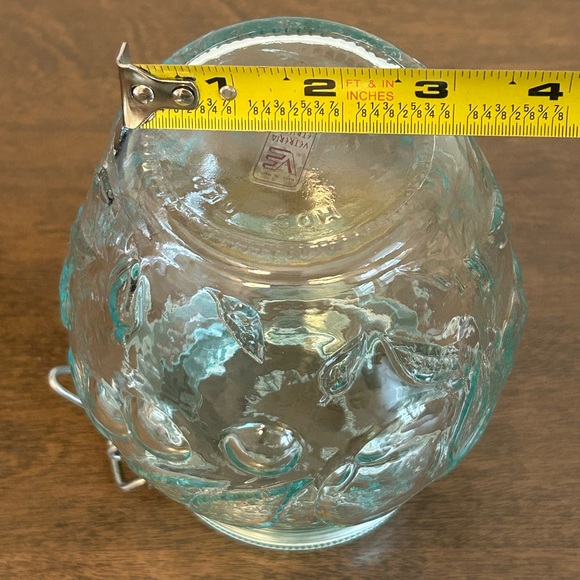 HERMETIC GREEN TINT GLASS FRUIT EMBOSSED 6" CANISTER WIRE BAIL HINGED LID ITALY - Picture 15 of 15